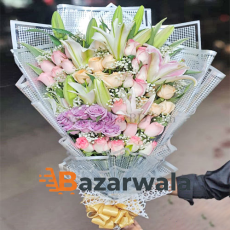 Bazarwala পিঙ্ক গোলাপ ও লিলির মিশ্রণ বুকেট