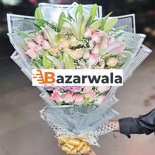 Bazarwala পিঙ্ক গোলাপ এবং লিলি মিক্স তোড়া