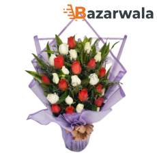 Bazarwala রেড অ্যান্ড হোয়াইট রোজেস বুকেট